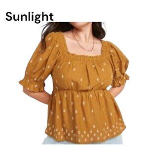 Old Navy Womens Mustard Yellow Embroidered Blouse SZ 3X Stretch Smocked Back